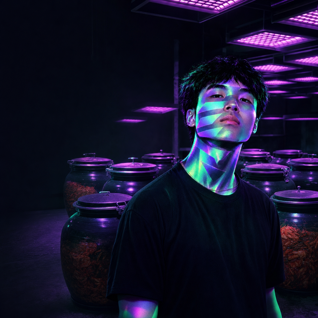 Solana Kimchi standing among lidded kimchi crocks under violet ceiling heaters